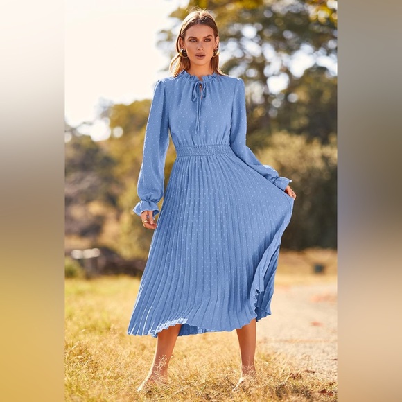 PRETTYGARDEN Fall Long Sleeve V Neck Swiss Dot Pleated A Line Flowy Dresses - Picture 2 of 11